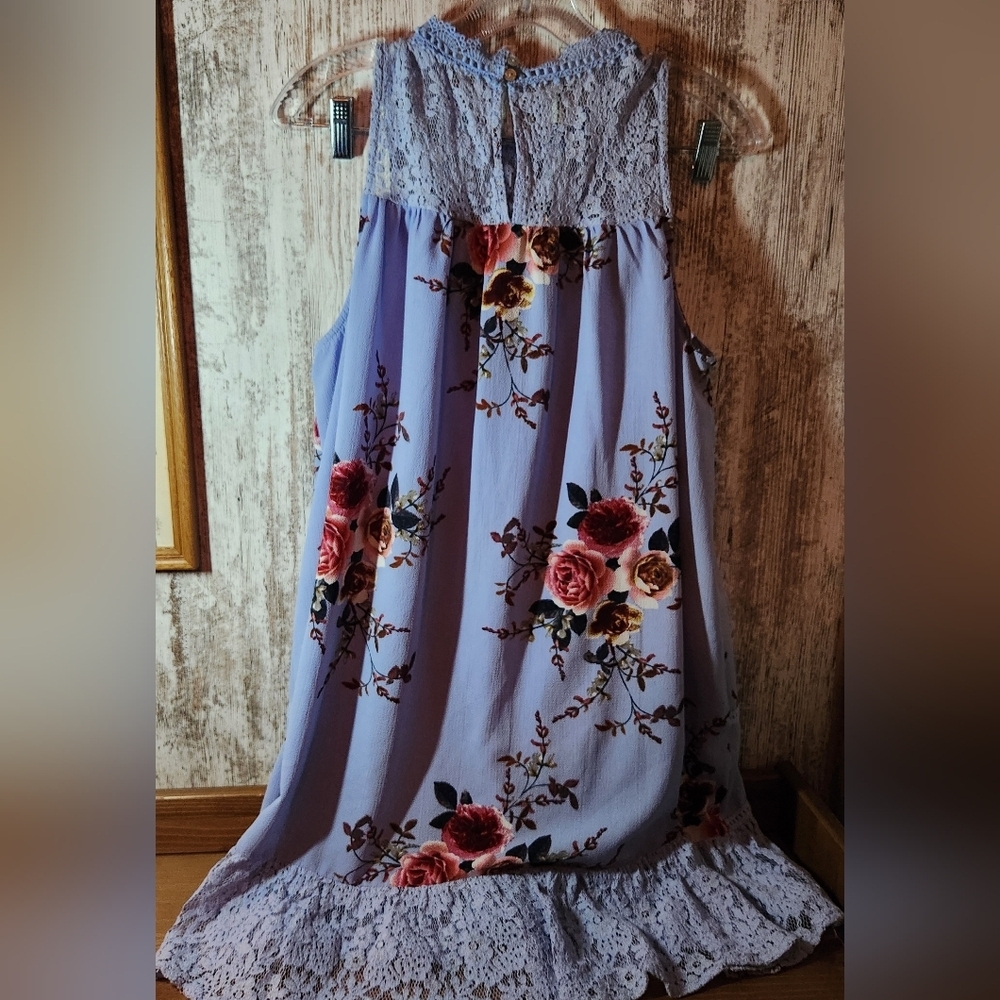 Light Baby Blue Lace Floral Midi Dress - Lavender and Red - Picture 5 of 6
